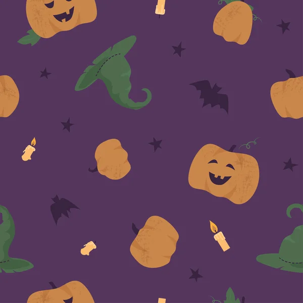 Model Vectorial Fără Sudură Dovleci Halloween Lumânări Pălării Vrăjitoare — Vector de stoc