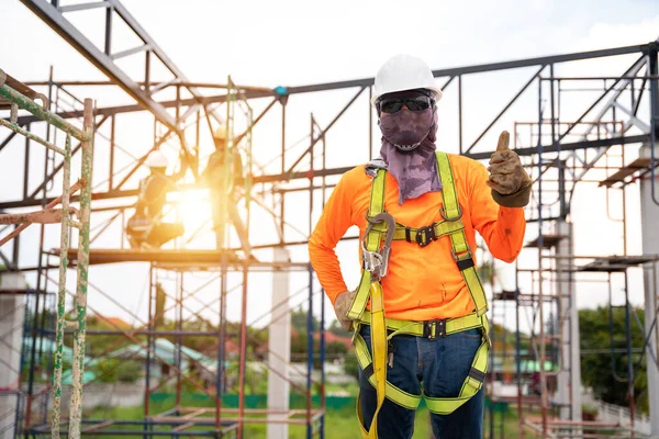 Construction Workers Express Confidence Installing Safety Equipment Prevent Falls Heights — ストック写真