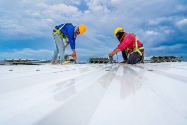 Asian teamwork of Roofer using electric drill nail gun installing PU foam roof sheet under construction. Working at height equipment.  building