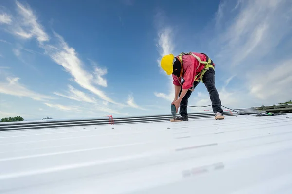 A Roofer working on roof structure of building on construction site, Roofer using electric drill nail gun and installing white Metal Sheet on top new roof. Safety body construction