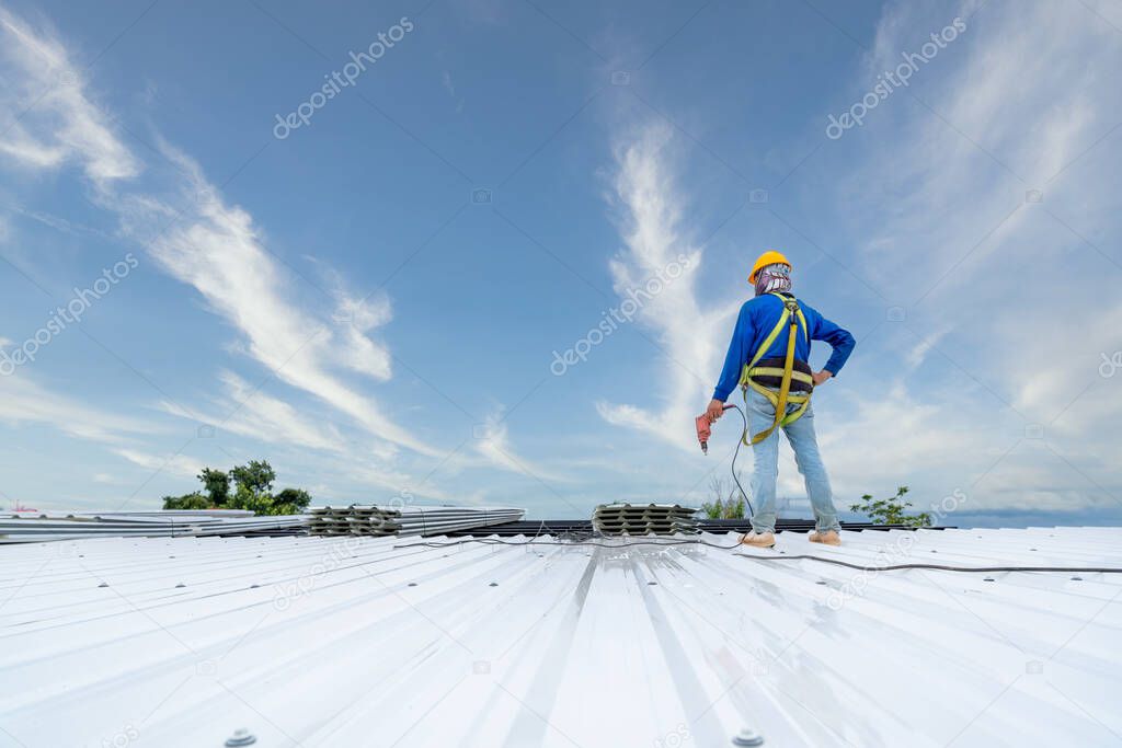 A Roofer using electric drill nail gun installing PU foam roof sheet at under construction. Safety body construction, Working at height equipment. building