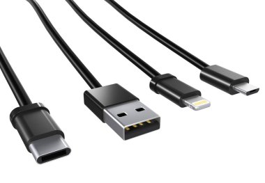 USB kablolar tip A, ve tip C prizler, mikro USB ve şimşek, beyaz arka planda evrensel bilgisayar ve telefon bağlantısı. İzole edilmiş USB kablosu Beyaz arka planda şarj kablosu var. 3 Boyutlu Hazırlama. 