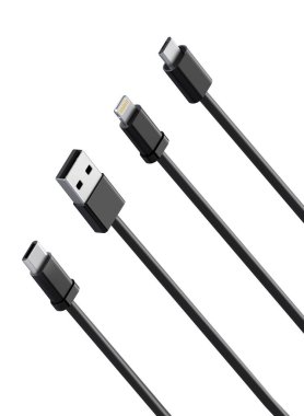 USB kablolar tip A, ve tip C prizler, mikro USB ve şimşek, beyaz arka planda evrensel bilgisayar ve telefon bağlantısı. İzole edilmiş USB kablosu Beyaz arka planda şarj kablosu var. 3 Boyutlu Hazırlama. 