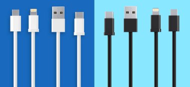 USB kablolar tip A, ve tip C prizler, mikro USB ve şimşek, beyaz arka planda evrensel bilgisayar ve telefon bağlantısı. İzole edilmiş USB kablosu Beyaz arka planda şarj kablosu var. 3 Boyutlu Hazırlama. 