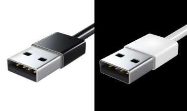 Siyah USB kablosuna yakın çekim beyaz arka planda izole edilmiş. İzole edilmiş USB kablosu Şarj kablosu. 3B illüstrasyon oluşturucu