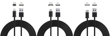 USB kablolar tip A, ve tip C prizler, mikro USB ve şimşek, beyaz arka planda evrensel bilgisayar ve telefon bağlantısı. İzole edilmiş USB kablosu Beyaz arka planda şarj kablosu var. 3 Boyutlu Hazırlama. 