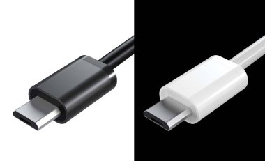 Siyah USB kablo tipi mikro usb prize evrensel bilgisayar ve telefon bağlantısı beyaz arka planda. İzole edilmiş USB kablosu Şarj kablosu perspektifi. 3 Boyutlu Hazırlama. 