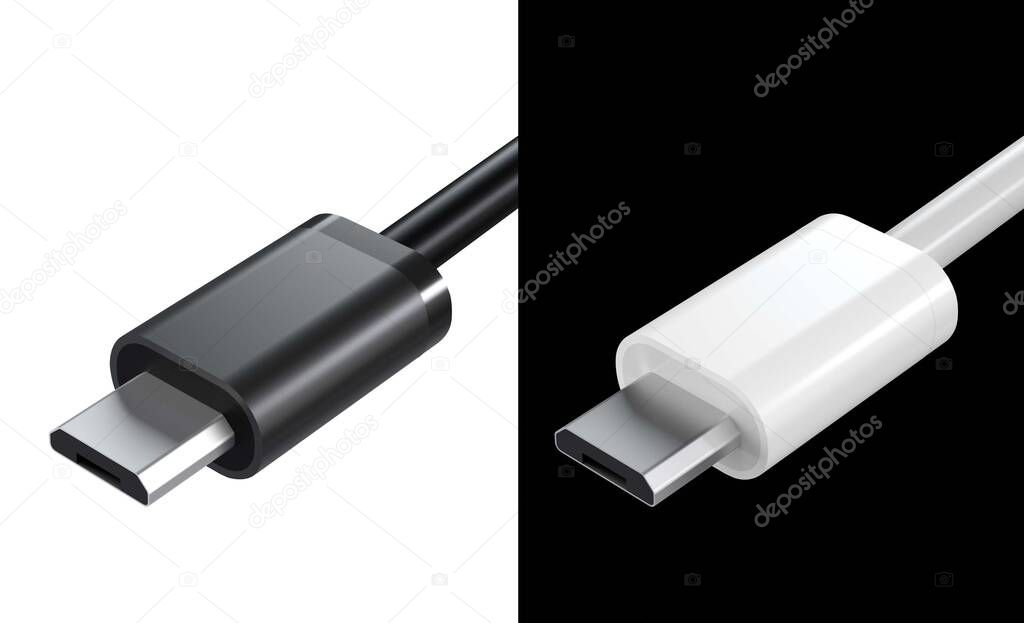 Black USB cable type micro usb plug universal computer and phone connection on a white background. isolated usb cord.  Charger usb cable perspective. 3D render. 