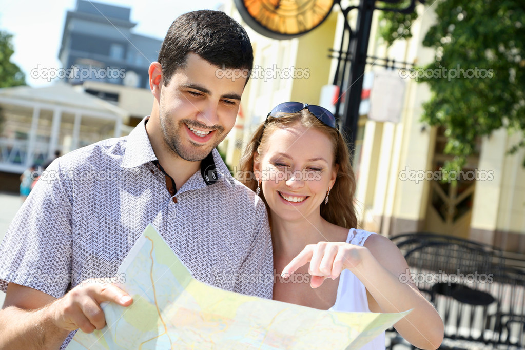 Young couple walking around the city