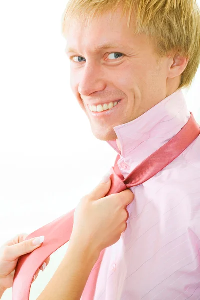 Happy man wearing pink tie — Stock Photo, Image