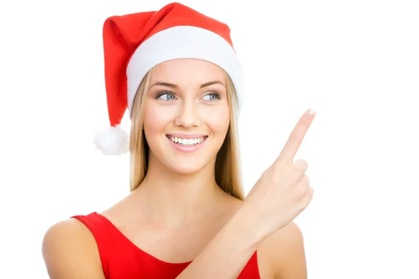 Noel Baba kız beyaz boşluk gösterir — Stok fotoğraf