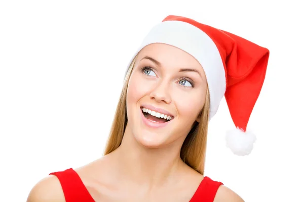 Santa girl shows a white space — Stock Photo, Image
