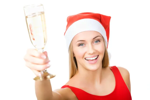 Weihnachten Frau schön lächelnd mit einem Glas Champagner — Stockfoto