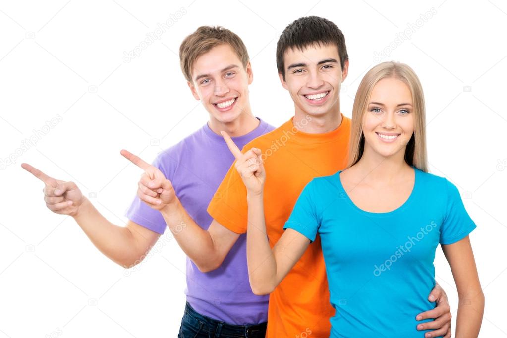 Students pointing on white background