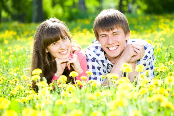 草原に横たわっているカップル — ストック写真
