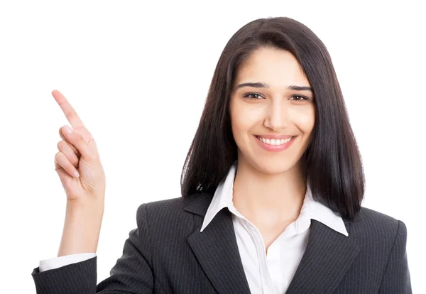 Business woman pointing at white background — Stock Photo, Image