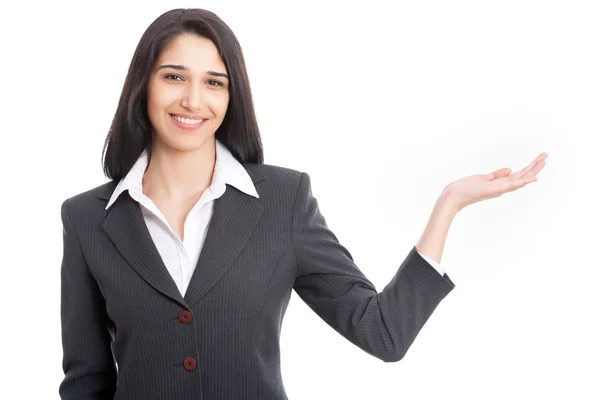 Geschäftsfrau zeigt auf weißen Hintergrund — Stockfoto