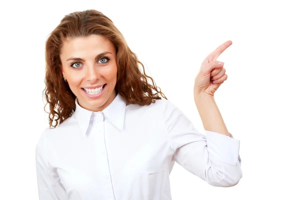 Mujer de negocios señalando fondo blanco — Foto de Stock