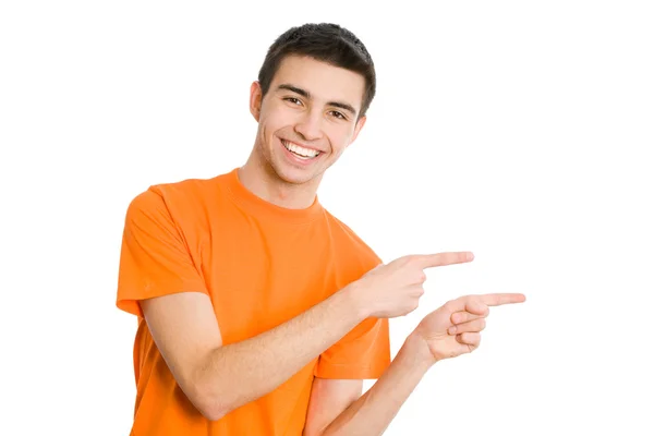 Man pointing at white background — Stock Photo, Image