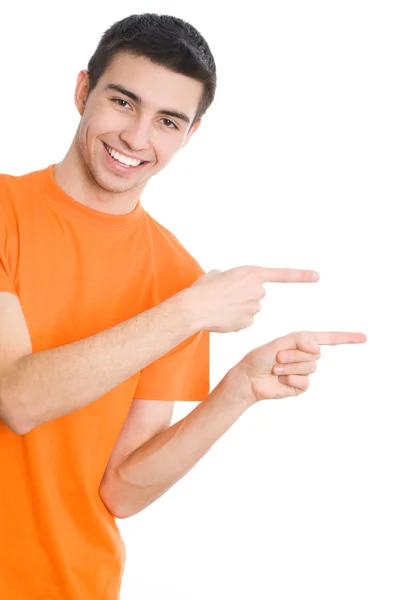 Man pointing at white background — Stock Photo, Image