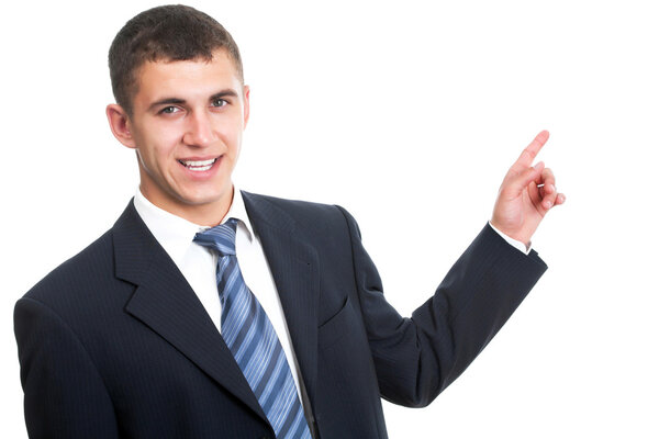 Бизнесмен указывает на пространство для копирования
