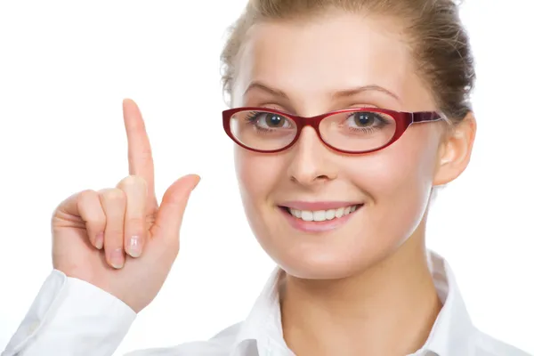 Mujer de negocios señalando hacia arriba — Foto de Stock