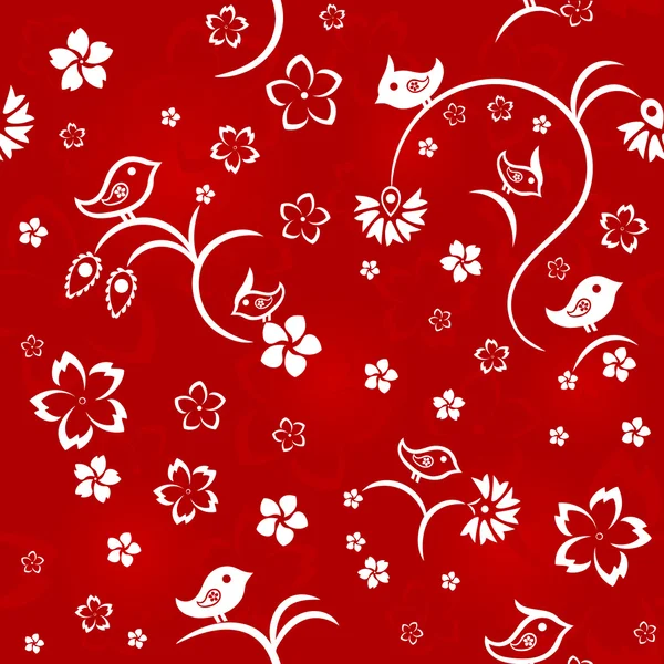 Naadloze bloemmotief met vogels, wit op rode achtergrond — Stockvector