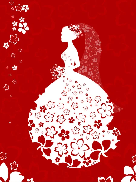 Силуэт невесты, цветочная открытка белого и красного цветов — стоковый вектор