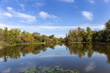 Coria, Extremadura, İspanya 'daki Alagn Nehri' nin manzarası. Şehir hayatı konsepti. Yatay fotoğraf