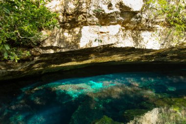 turquoise tropical bay water in mountains cave cliff