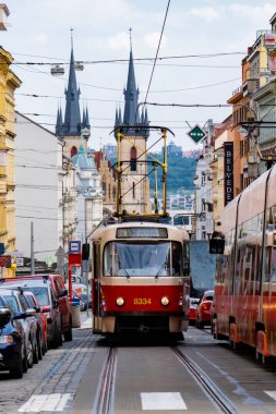 Prague, Czech republic, old town architecture, street with train and cars 
