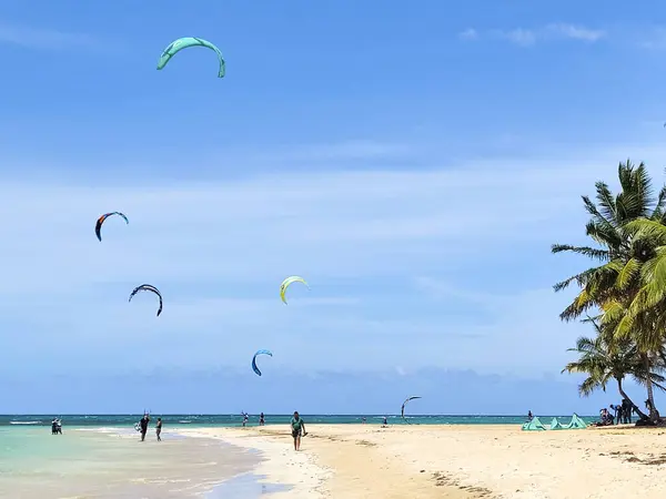 Tropical Vacation People Beach Flying Kits Blue Sky — Foto de Stock