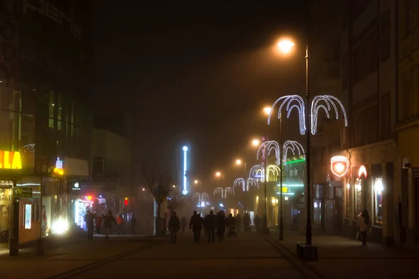 Small European Town Night Fog Illumination Lights — Stock Photo, Image