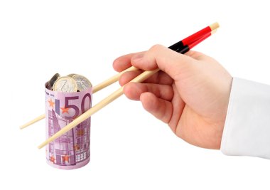 banknot. el euro banknot beyaz zemin üzerine alır.