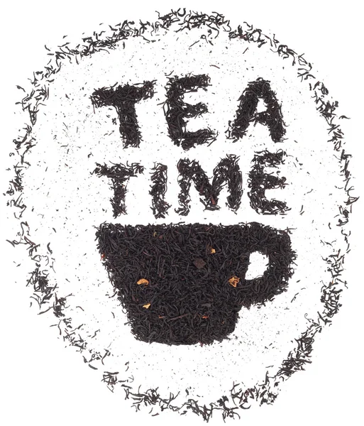 Hora del té. La imagen hecha de una hoja de té. Taza con inscripción "Hora del té" sobre un fondo blanco —  Fotos de Stock