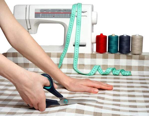 Concept of sewing. Cutting fabric. Dressmaker at work. Fabric cutting scissors. — Stock Photo, Image