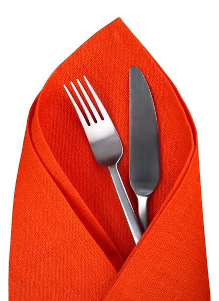 Orange napkin with knife and fork isolated. — Stock Photo, Image