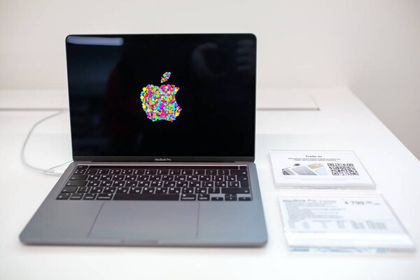 Sale of new Apple Macbook in official Apple Store. Minsk, Belarus - February, 2022