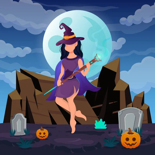 Šťastný Halloween Čarodějnice Nosí Módní Šaty Diamantové Hůlky Dělat Trik — Stockový vektor