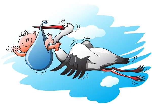 Stork voando e segurando um bebê recém-nascido — Vetor de Stock