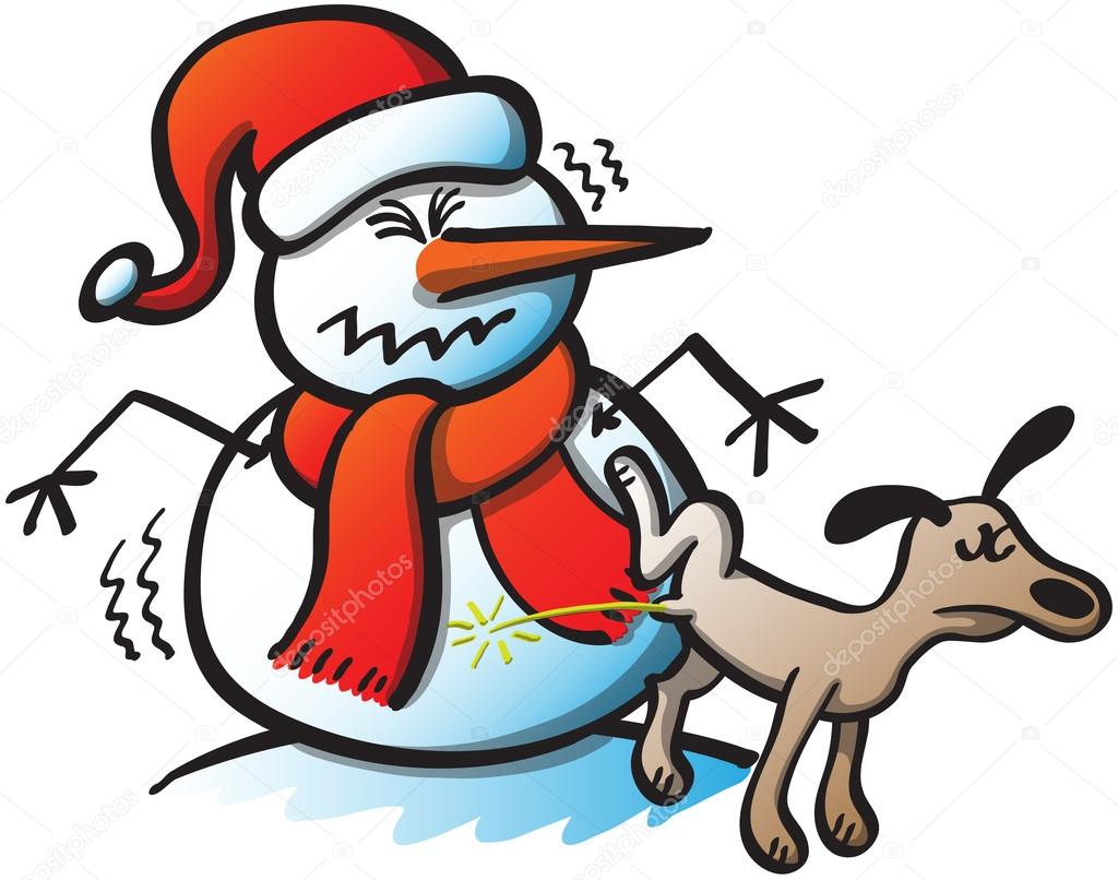 Dog urinating on snowman