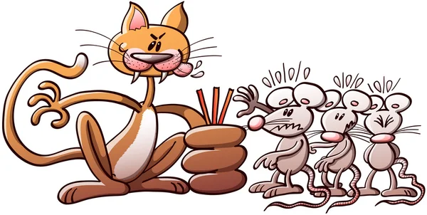 Böse Katze zwingt drei arme Mäuse — Stockvektor