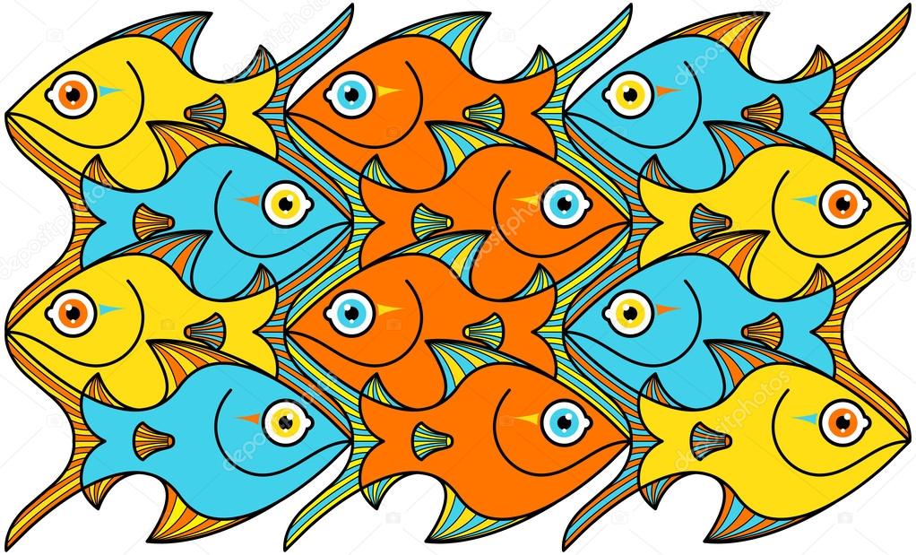 Yellow, orange and blue fishes