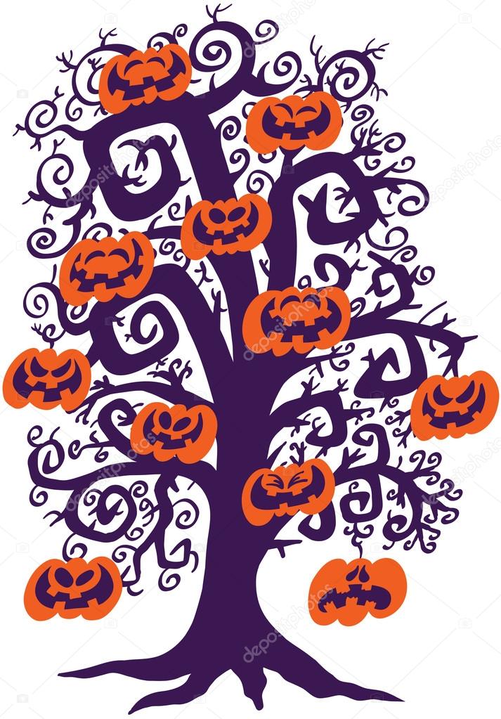 Halloween tree with orange pumpkins
