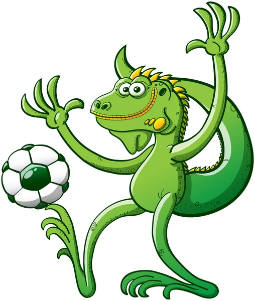 Cool green iguana with  soccer ball — Stock Vector