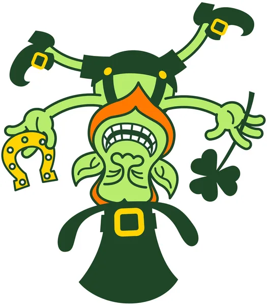 Green Leprechaun Smiling and Balancing Upside Down on his Hat — Stock Vector