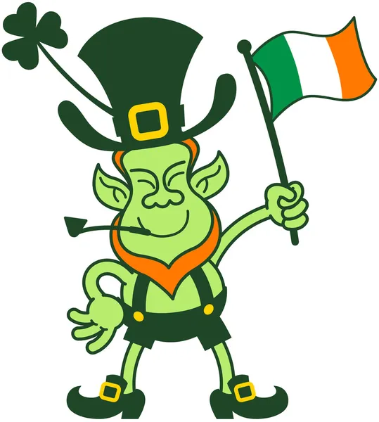 stock vector Proud Leprechaun Waving an Irish Flag