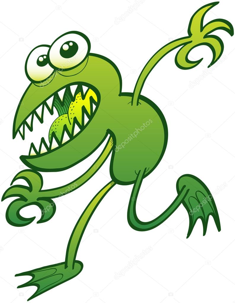 Scared green frog with sharp teeth