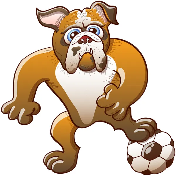 Bulldog stepping on a soccer ball — Stock Vector