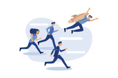 Roketteki rakiplerinin önünde genç ve mutlu bir iş adamı var. Zafer düz vektör çizimi kavramı.